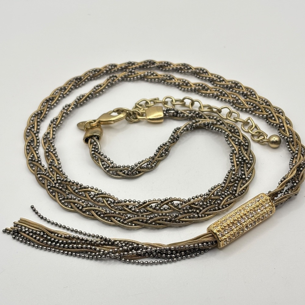 Vintage Two Tone Braided Chain Fringe Tassel Pendant Necklace‎ 17.5"